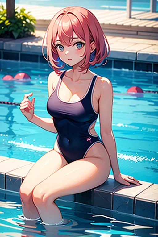 (Incredibly ridiculous absolute resolution:1.5)、hiquality、top-quality、masuter piece、Anime girl in strawberry colored bikini, 魅惑的、Anime Loli, 8k Manga Wallpapers, heart mark、Smile、Shy laughter、((small curvy loli))、pretty anime girl,((swimming pools))、(Medium Shorthair)、(short braided hair)