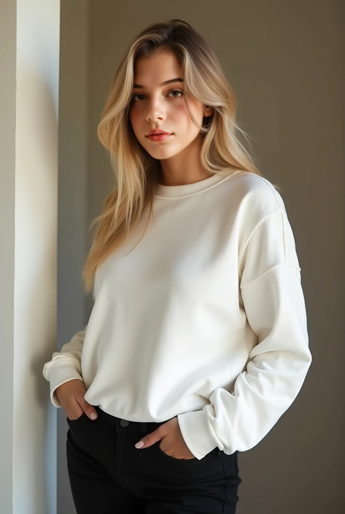 ((Tir lointain)) Influenceuse blonde aux cheveux longs et naturellement ondulés, de taille moyenne, Elle a de gros seins, Elle porte un haut blanc sexy, Elle combine des pièces streetwear classiques comme des baskets, Sweats ou jeans avec accessoires de haute qualité, comme des sacs de créateurs ou des montres de luxe, pour créer un look moderne et élégant, merveilleux, 8k, super verbeux, réaliste, détails complexes, réaliste skin texture, réaliste hair, texture, espiègle, 8K UH, meilleure qualité, haute résolution, Attention aux détails, très grand , longue portée, grand angle African American