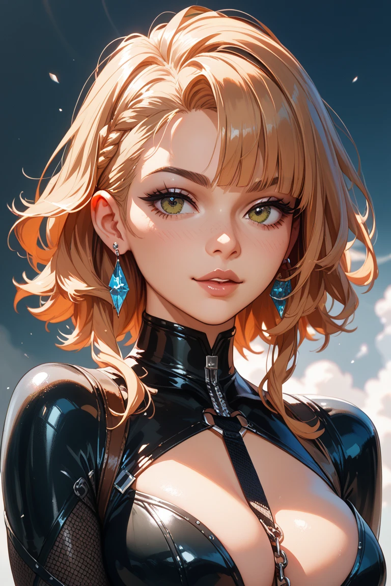 baby face, (short brown fluorescence hair:1.5,messy hair:1.5), (photorealistic:1.8), (masterpiece, sidelights, exquisite beautiful eyes: 1.5), masterpiece*portrait, realistic, 3D face,(cute face),front view: 1.6、 (glowing green eyes:1.2),plump face:1.5,(tareme:1.5)、(seductive smile:1.2),Rosy Mouth,Slim Body,abs, shiny hair, shiny skin: 1.5、medium breasts,cleavage、solo,,(stand)、(black and red colored Punk Rock clothes)、(charactor focus:1.5、portlate、upper body),stage,