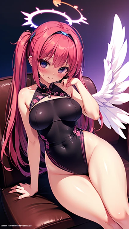 black hair, sexy, busty, buxom, curvy, voluptuous, bed, angel wings, pink ribbon, white wings, ((nude)), ((naked)), ((nipple))