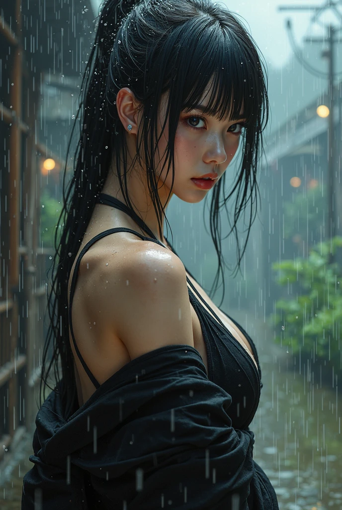 (Top Quality, 8k, Masterpiece: 1.3), ((Beautiful japanese high school student)), Female 1 Person, (Breasts, Attractive Body: 1.2), Abs: 1.1, Dark Brown Hair: 1.1, (Wet Rain, Wet Body: 1.1), Ultra High Detail Face, Detailed Lips, (closed eyes),