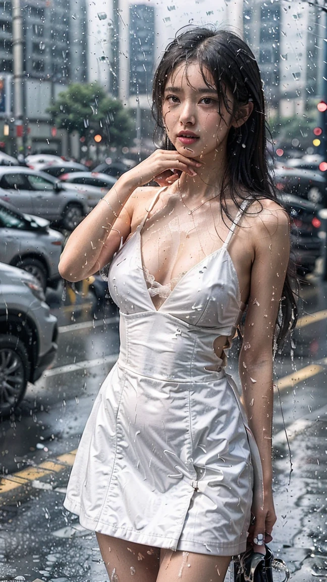A 20-year-old beautiful  slightly chubby woman dancing joyfully under heavy rain on a solitary street in a Spanish city. She is wearing a white dress, completely soaked, and exuding happiness, fully enjoying the moment. The street features water puddles and visible raindrops, capturing the essence of the rainy atmosphere. The image should be hyperrealistic, resembling a high-resolution 16k photo with exceptional detail.