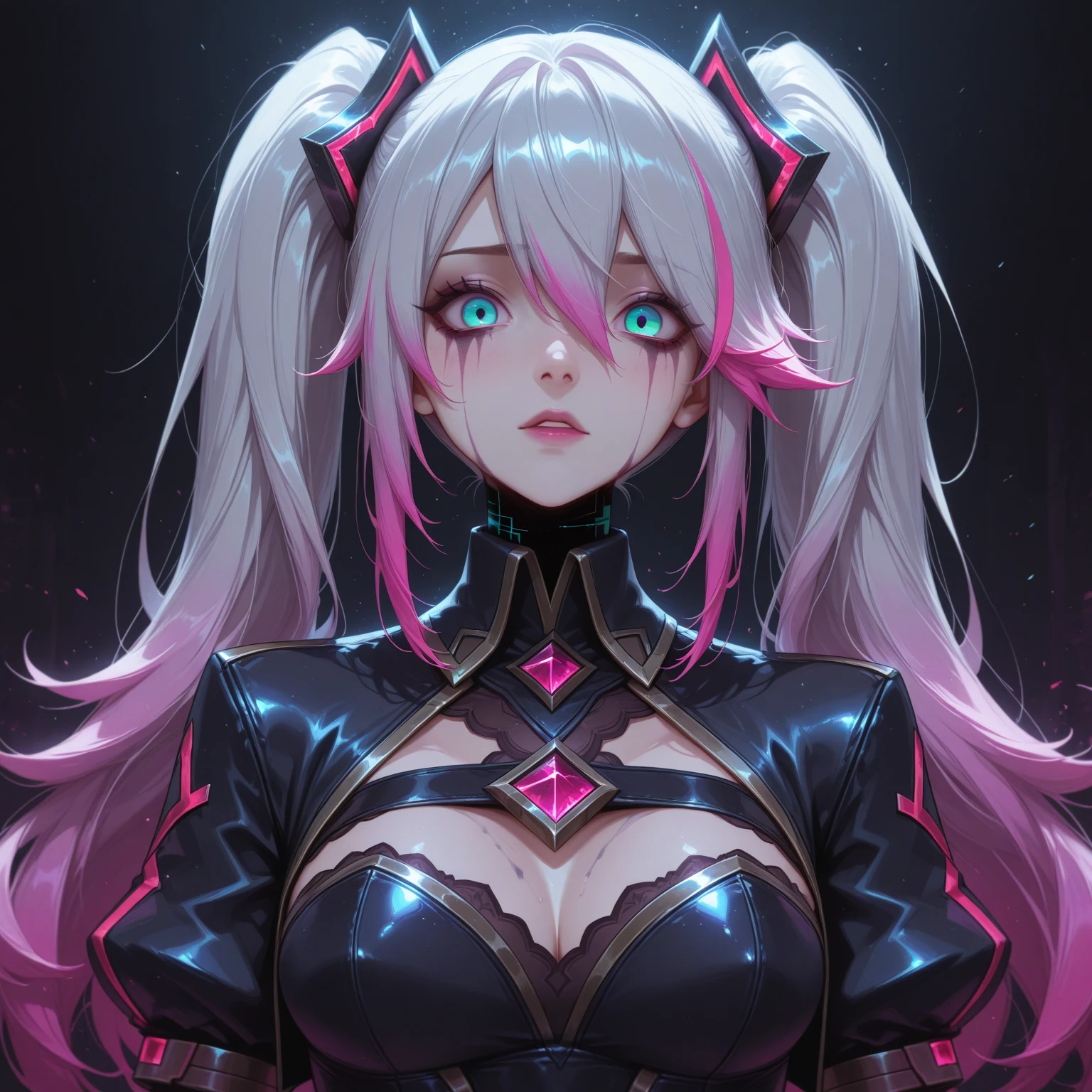 high res, intricate background, galaxy background, nebula, comet, planets, cat woman, 25 years old, white hair, top half shot, interacting with wrist gadget, black body armor, white cloth covering breasts, black and red tattoos on face and left shoulder, red glint in eye, long black jewelry from left ear, black choker