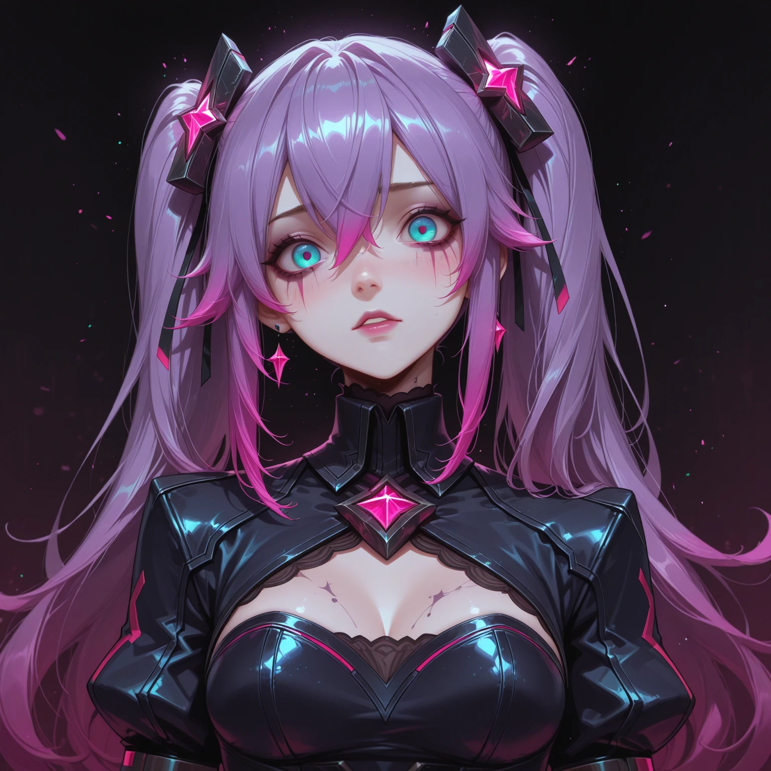 anime girl, 1girl, solo emo, goth, black makeup, black lipstick, white skintone, white skin, light blue hair, red and blue mixed eye color, heterochromia, different eye colors, tuxedo, fancy, suit, very long hair, tall. tall woman, matute woman, older woman, 25 year old woman, milf, seductive, attractive, sexy face, gothic, cute face, pretty nose, pretty lips, purple red blue pink orange background, full body, anime girl in black and pink outfit posing for a picture, cyberpunk art by Yang J, pixiv, gothic art, seductive anime girl, extremely detailed artgerm, beautiful alluring anime woman,