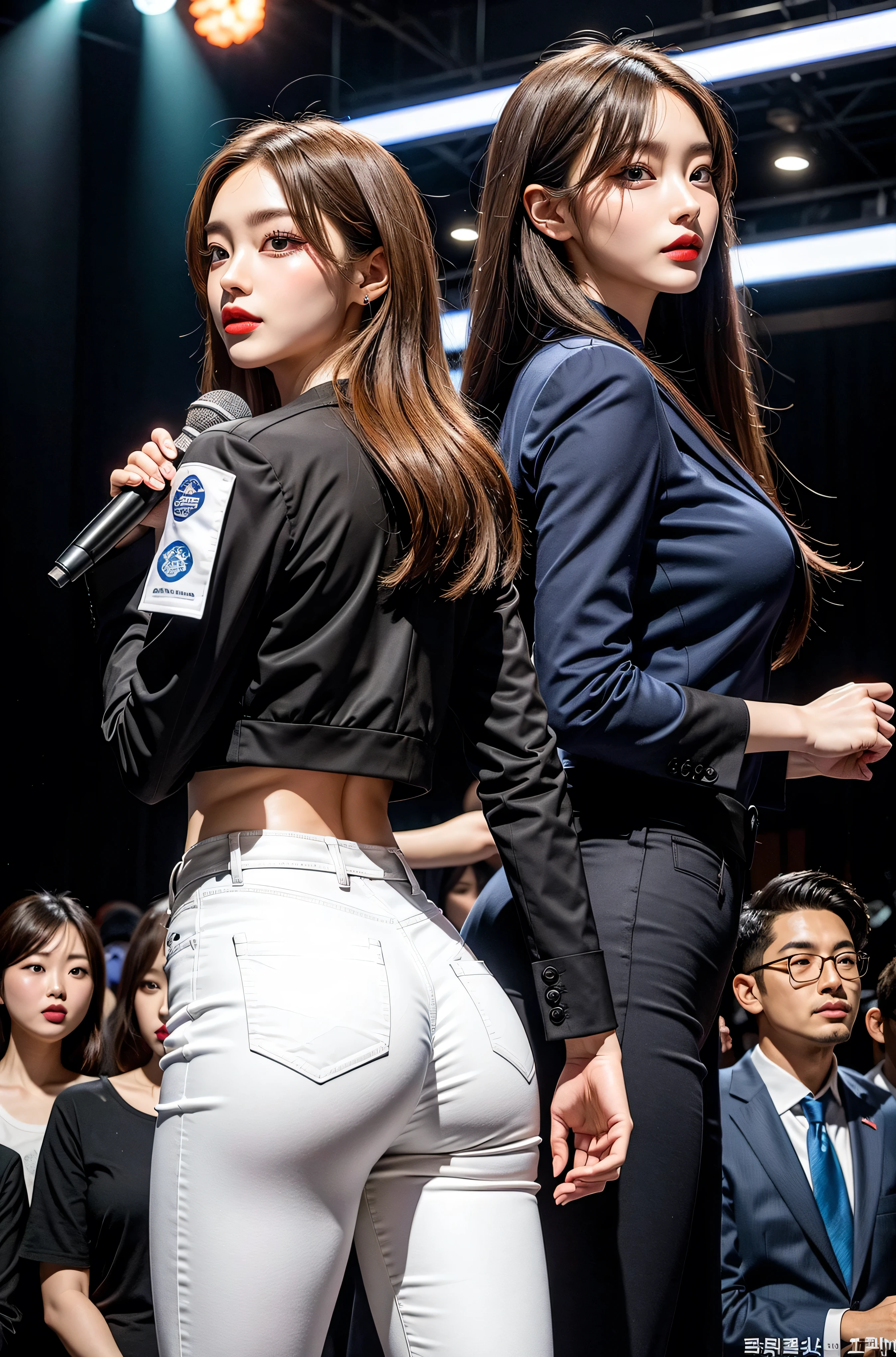 （8k，Highest Quality，masterpiece，practical，Super detailed：1.3），（1 girl，Beautiful Korean girl, Korean pop idol），（Black suit jacket：1.2），（White skinny trousers：1.1），（Serious expression：1.2）discuss，（speech，Handheld Microphone：1.2）（crowd，audience：1.3），Sexy long legs， （Thigh gap：1.5），Wide hips，S-Shaped Body， Hips lifted，，black hair，（Ass Focus：1.1）Shot from behind