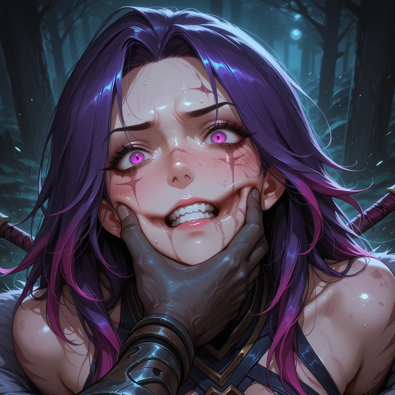 A ghost with purple skin, spikes, and spiky purple hair, giving it a distinct and eerie appearance. It has a fanged grin that adds to its sinister aura. The ghost has floating hands, which add to its ethereal presence. It is dressed in a dark purple dress, adding to its mysterious charm. The ghost is depicted floating in midair, giving it an otherworldly quality. The artwork should be a masterpiece with the best quality, capturing every detail of the ghost's features. The color palette should emphasize shades of purple, creating a haunting and atmospheric atmosphere. The lighting should be dim, with a soft glow illuminating the ghost, enhancing its ghostly nature.