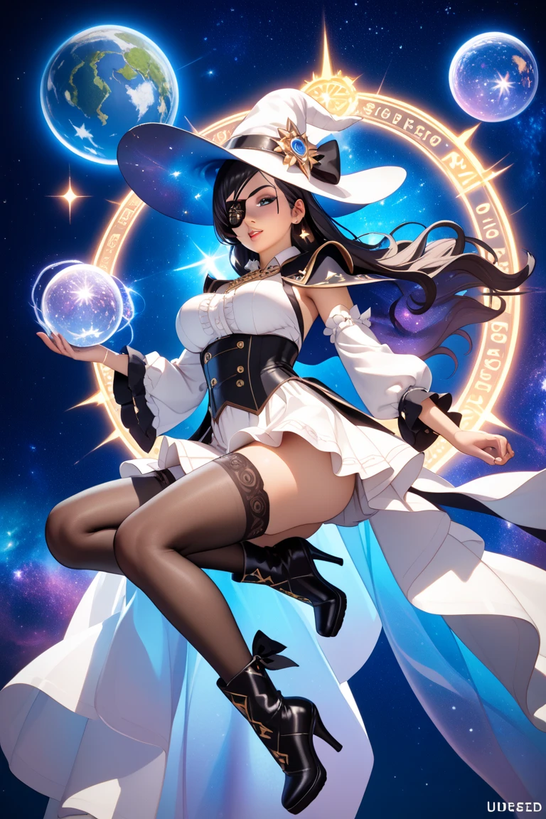Mona from Genshin Impact with dark purple hair styled in long twintails and opal eyes. She's depicted as an astrologist with galaxy-like hair adorned with stars, giving her an ethereal and celestial appearance. Show her in an ascending, goddess-like pose, emphasizing her supreme and evolved deity form. The art style should be reminiscent of high-quality gacha game splash art and anime tarot cards, with a full-body view. Ensure the piece is of the best quality, highly detailed, and clearly inspired by Genshin Impact
