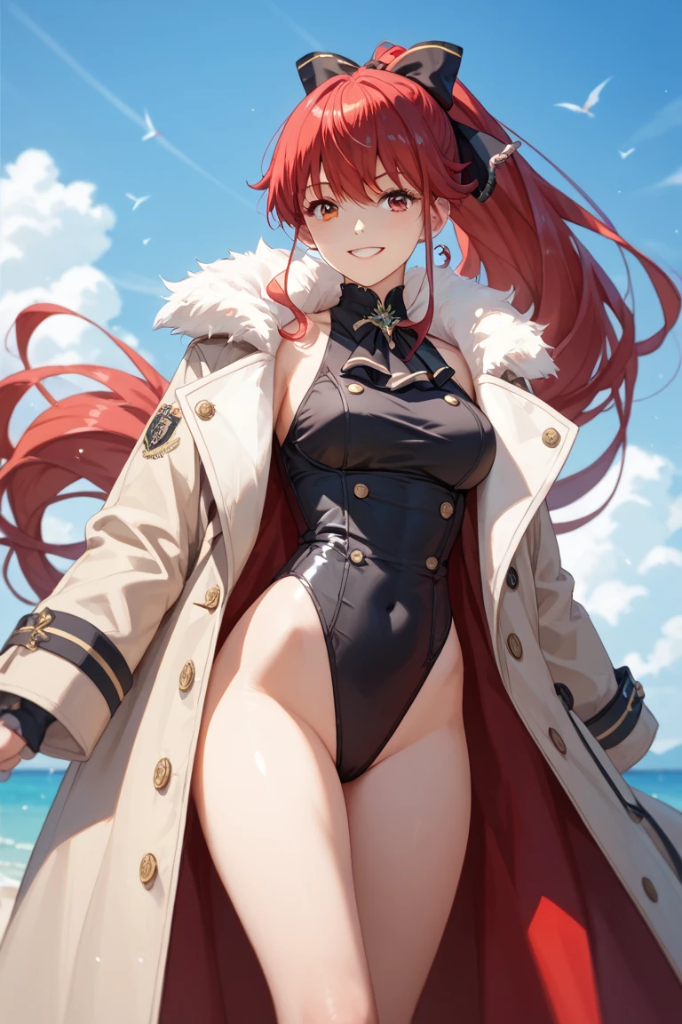 tmasterpiece，1girll，Royal Sister，Red long-haired，beachside，Cheongsam skirt，Long black legs，Large breasts，black lence stockings，Walking on the beach，Steltel，Drink in hand，quadratic element，red high heel pumps，Fleshy thighs，Exquisite facial features，Transparent coat，cropped shoulders