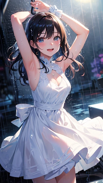 novel illustration, cover page, highres, top quality, best quality, paid reward available, unparalleled masterpiece, perfect artwork, absurdres, High-quality illustrations, super high resolution, detailed background, beautiful woman with flowing hair dancing in a rainy city street. She is wearing an elegant dress, smiling with her eyes closed, and her arms are outstretched,  She is carefree, and the neon lights reflect in puddles on the wet pavement, blurred, dramatic, with warm light from street lamps illuminating the raindrops,