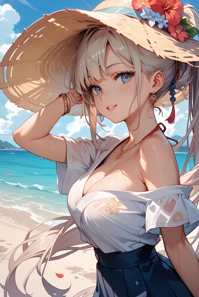 (masterpiece:1.2, best quality), (1lady, solo), Clothing: white floral pattern bikini, wide-brimmed hat, strappy sandals, Accessories: shell necklace, sunglasses, Hair: loose beach waves, white hair, bob cut, Makeup: natural, glowing skin, Behavior: relaxed, carefree, free-spirited, Location: beach, resort, outdoor festival, purple eyes, (large breasts: 1.2), soaking wet, (beautiful detailed face, beautiful detailed eyes), (sunbeam, sunlight, rose, wind)