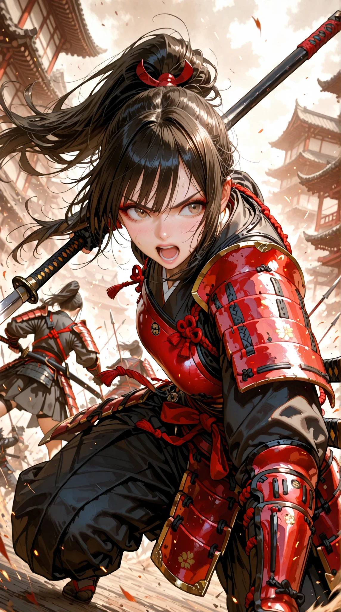 Dynamic perspective angle shot, A digital art image shows a samurai girl, long black hair, beautiful light brown colors eyes, blocking attack with her spear . She wields a spear to protect herself from enemies , blades cross in front of her.She wears red samurai armor. The background features a chaos in battlefield , creating an chaos war atmosphere. Wind blowing hard.The lighting is soft and diffused, enhancing the fantasy aesthetic. The composition is balanced, with the women centered in the frame, drawing attention to enemies weapons .The overall style is reminiscent of digital painting, with smooth textures and vibrant colors.