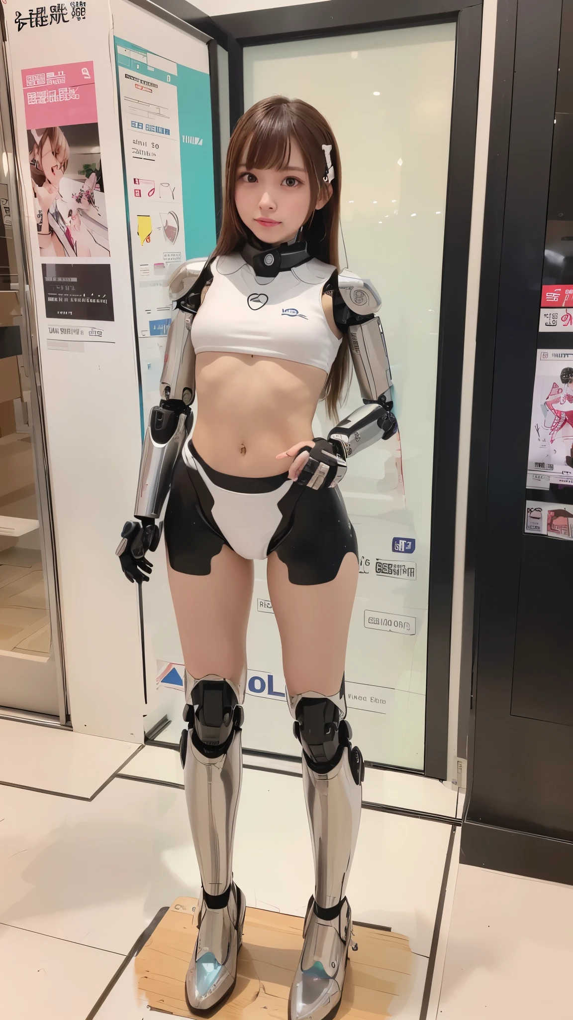 cyborgs, pink there, Silver, Metallic body, Robot Parts, Metal Parts, Super Detailed Face, Super well-formed face, of the highest quality, a small face,, small head、full body Esbian, Brown hair, Slender body, Camera gaze, Internal Mechanical Exposure, Idol, Well-proportioned body, gravure, Photo session, akihabara, Moe Pose, Standing with legs open, Hands on hips, Model body type, sad, Embarrassing,(Perfect Robot Girl),(Perfect machine body)