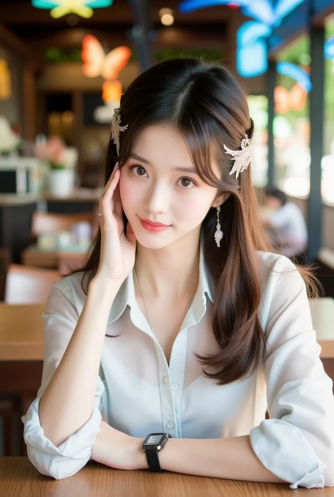 masterpiece, best quality, 1girl,long_hair,light smile, blunt bangs,looking at viewer,selfies,cowboy shot,(shot_hair:2),
(realistic:1.5), cinemagraph,