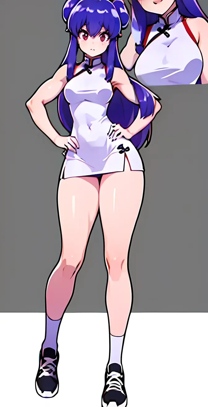 (zone tan), (whisperfoot style), (front view), (viewed from below), purple eyes, (purple hair), (long drill hair), small breasts, cleavage, strapless, (shoulderless purple sweater dress), (panties showing), (cute purple panties), (black thigh highs), sexy curves, big head, (solo), (standing), (hands on hips), seductive pose, looking at viewer, seductive stare, grinning, (simple background)