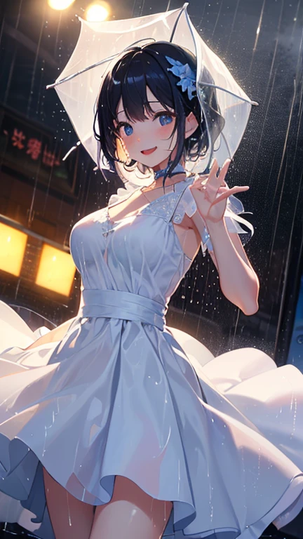 One Girl、My name is Mei、Gazing at the audience。 outside、野outsideコンサート、屋outsideコンサート、heavy rain、Soaking wet and see-through outfit、(outside、heavy rain、heavy rainでびしょ濡れの野outsideコンサート、The costume is see-through)、Beautiful Blue Eyes、Black Hair、Pink striped hair、bangs、Shoulder-length hair、Mole under the eye、Plump and glossy lips、Heart-shaped choker、Idol、smile、heavy rainでびしょ濡れになっている、野outsideステージ、ー、。。。。。。。。。。。。。。。。。。。。。。。。。。。。。。。。3D、Real、 dance team uniform, masterpiece、Highest quality、8k、Detailed skin texture、Detailed cloth texture、Beautifully detailed face、Intricate details、Very detailed、 Ultra-high resolution、8K Ultra HD、Film Grain、Best Shadow、delicate、Gazing at the audience、front