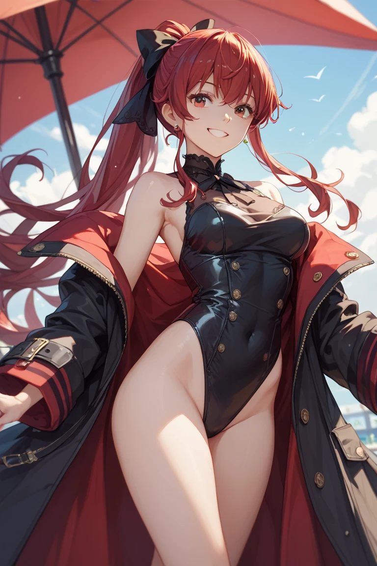 score_9, score_8_up, score_7_up, source_anime, (masterpiece), best quality, expressive eyes, perfect eyes, perfect face, oni girl, oni horns, red eyes, soft lips, long hair, very long hair, wide hips, (white hair:1.2), (white eyebrows:1), (white eyelashes:1), medium breasts:0.5, higuchi madoka, big breasts:0.3, full body, background: marine, marine_pirate, hair ribbon, red ascot, red skirt, belt, leotard under clothes, black leotard, black thighhighs, black coat, pirate hat,