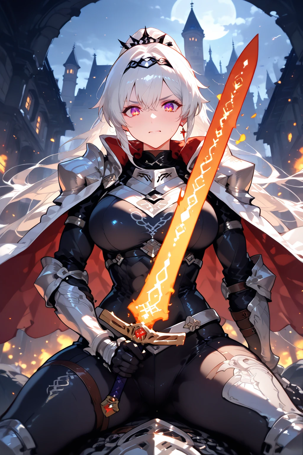1girl, knights templar, anime maid, epic, (knights templar light armor), templar semi-armor, maid mini skirt, armor straps, tactical templar light semi-armor,shield, sword, knight templar,1girl, arrow_\(fire_Force\), blue_eyes, dinamyc_hair, short_hair, hair_clips, templar_knight_robes, cape, red_cross_on_chest, pelvic_curtain, black_sleeves, gold_armour, bikini armor maid