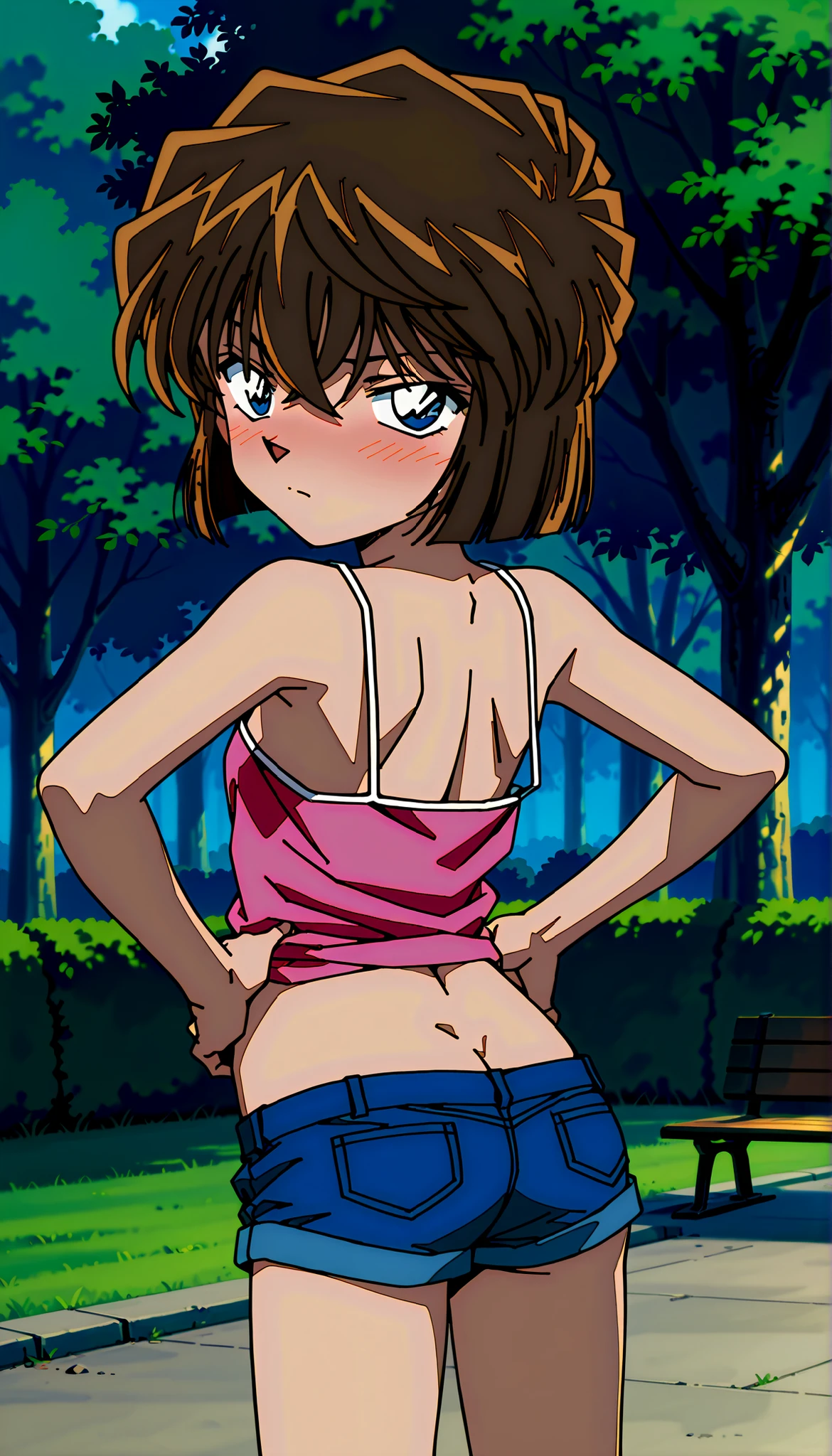 score_9,score_8_up,score_7_up,1990s \(style\),anime coloring,BREAK,nsfw,1girl,solo,Detective Conan style,haibara ai,short hair,brown hair,blue eyes,(sanpaku),hair between eyes,BREAK,(bottomless:0.6),(low-rise),butt crack,hot-pants,,very short pants,undo pants,summer style clothes,BREAK,outdoor,park,cowboy shot,(front view),BREAK,blush,disappointed,contemptuous,disdain,naughty face,public indecency,BREAK,standing