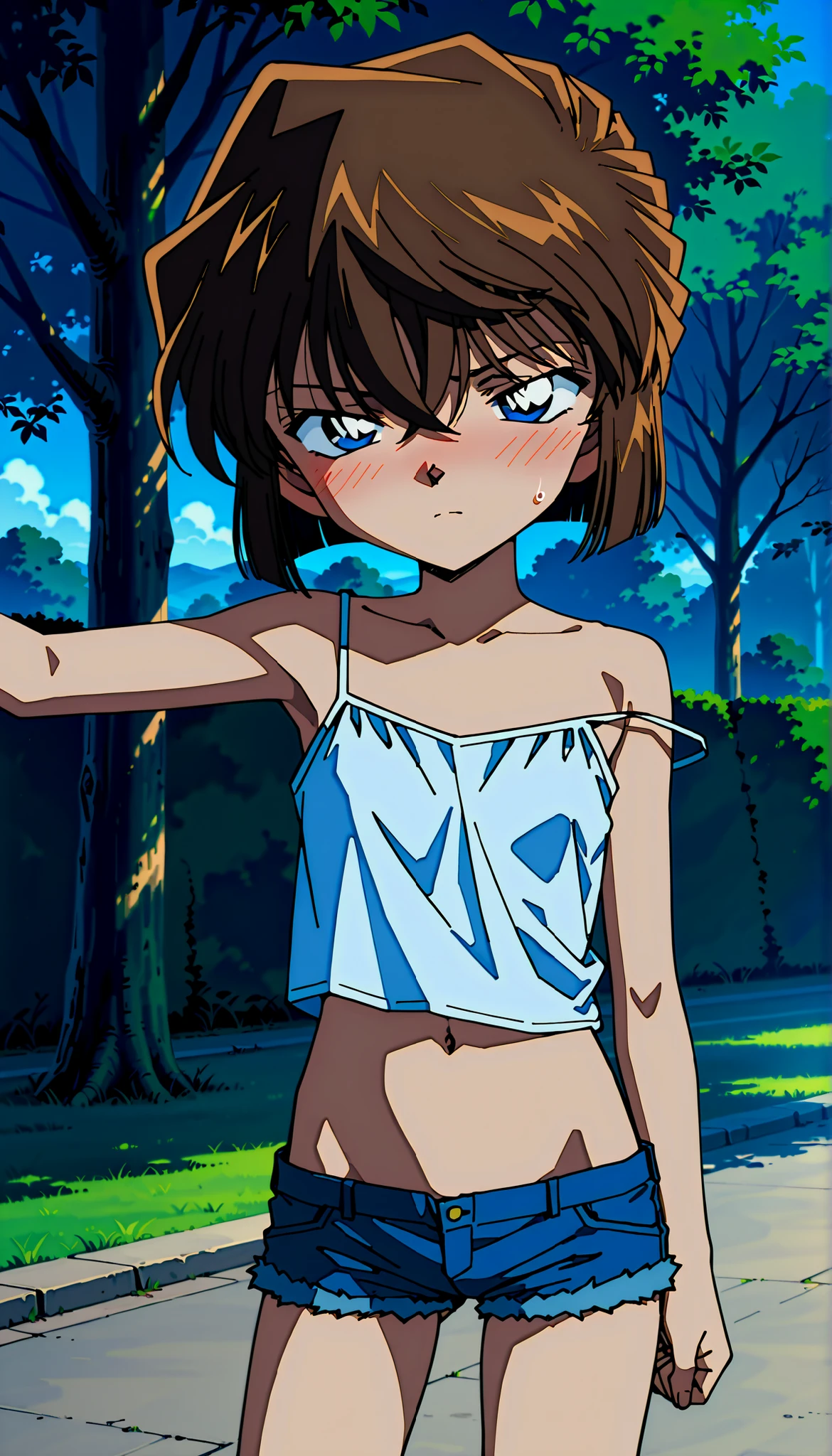 score_9,score_8_up,score_7_up,1990s \(style\),anime coloring,BREAK,nsfw,1girl,solo,Detective Conan style,haibara ai,short hair,brown hair,blue eyes,(sanpaku),hair between eyes,BREAK,(bottomless:0.6),(low-rise),butt crack,hot-pants,,very short pants,undo pants,summer style clothes,BREAK,outdoor,park,cowboy shot,(front view),BREAK,blush,disappointed,contemptuous,disdain,naughty face,public indecency,BREAK,standing