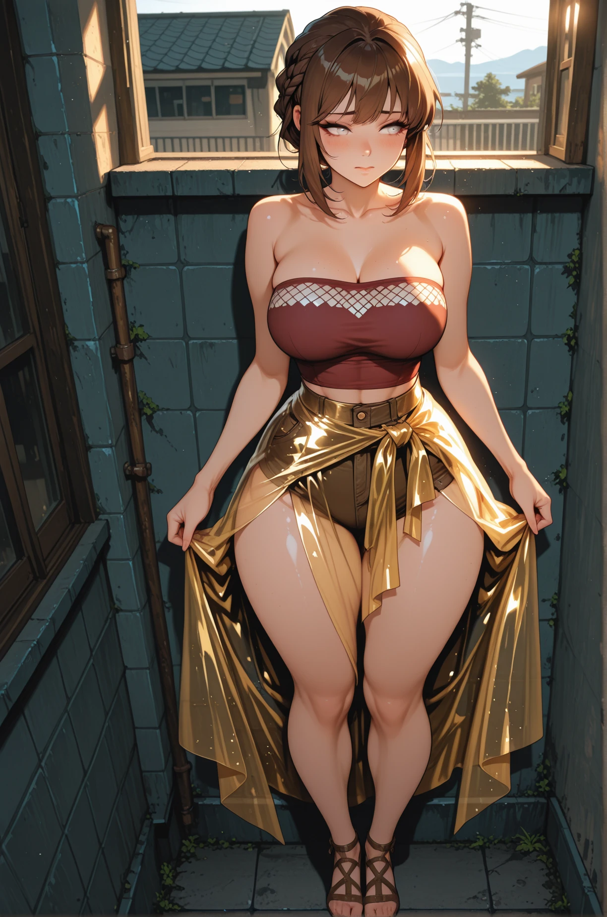 kasumi, 1girl, (solo), masterpiece, best quality, detailed face, face focus, shiny skin large areolae, puffy nipples, huge breasts, cleavage, arms behind head, armpits, spread legs, standing, BREAK microdress, shiny dress, elbow gloves, navel, waist cutout, underwear, microskirt, thigh highs, o-ring, earrings, necklace, bracelet, golden, jewelry