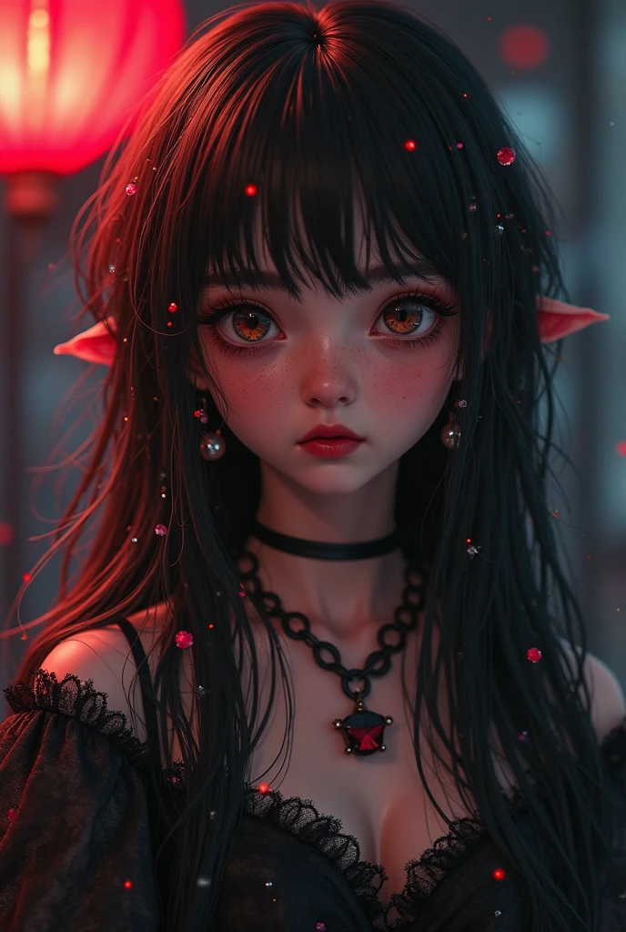 pink eyes and slit pupils and matching pink colored hair styled in low curly twintails. Also has a generous bust