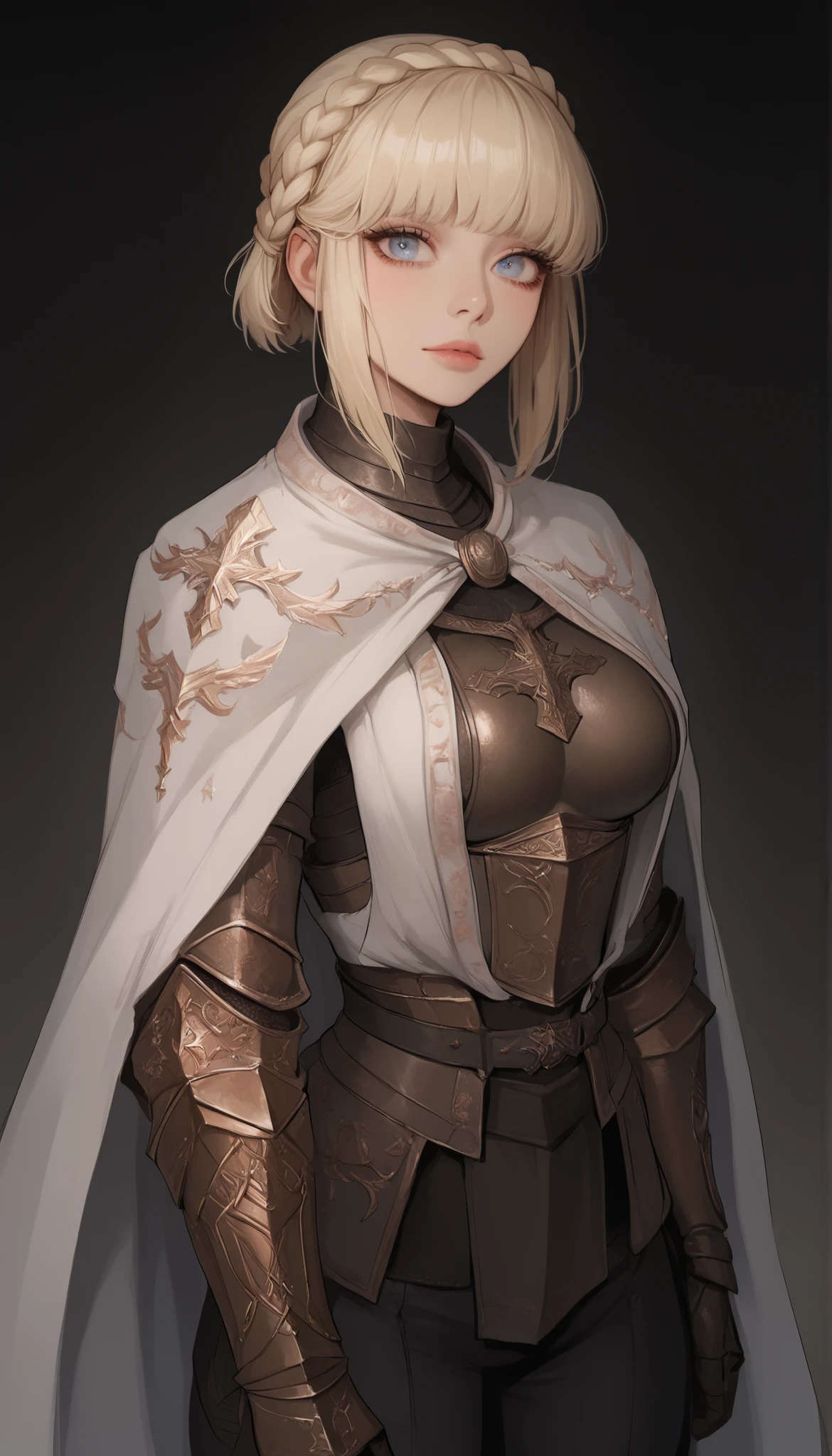 score_9_up, score_9, score_8_up, score_8, score_7_up, score_7, cinematic lighting, raw, high quality, 4k resolution, absurdres, masterpiece, dynamic lighting, high contrast, morimee_style, detailed face, 1girl, solo,

1girl, solo, perfect eyes, perky breasts, round breasts, (petite), angular features, sharp features, (perfect eyes), ((cute)), perky breasts, busty, slim body, (cute), toned, ((slim body)), busty,

dark background,

NeedleKnightLeda, blue eyes, blonde hair, bangs, crown braid, plate armor, white cape, breastplate, Knight, gloves, gauntlets, shoulder armor, black pants