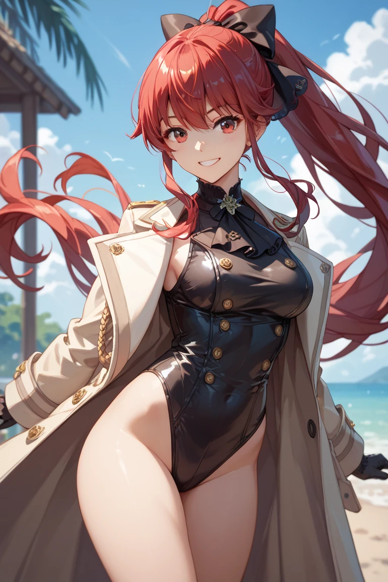 male to female trans, full, pursed lips, freckles, long curly red hair with bangs, crystal blue eyes with smoky eyeshadow and black eyeliner, semi-matte black lipstick, pale to sun-kissed skin, smug and seductive smile, teal sundress, big futanari genital bulge