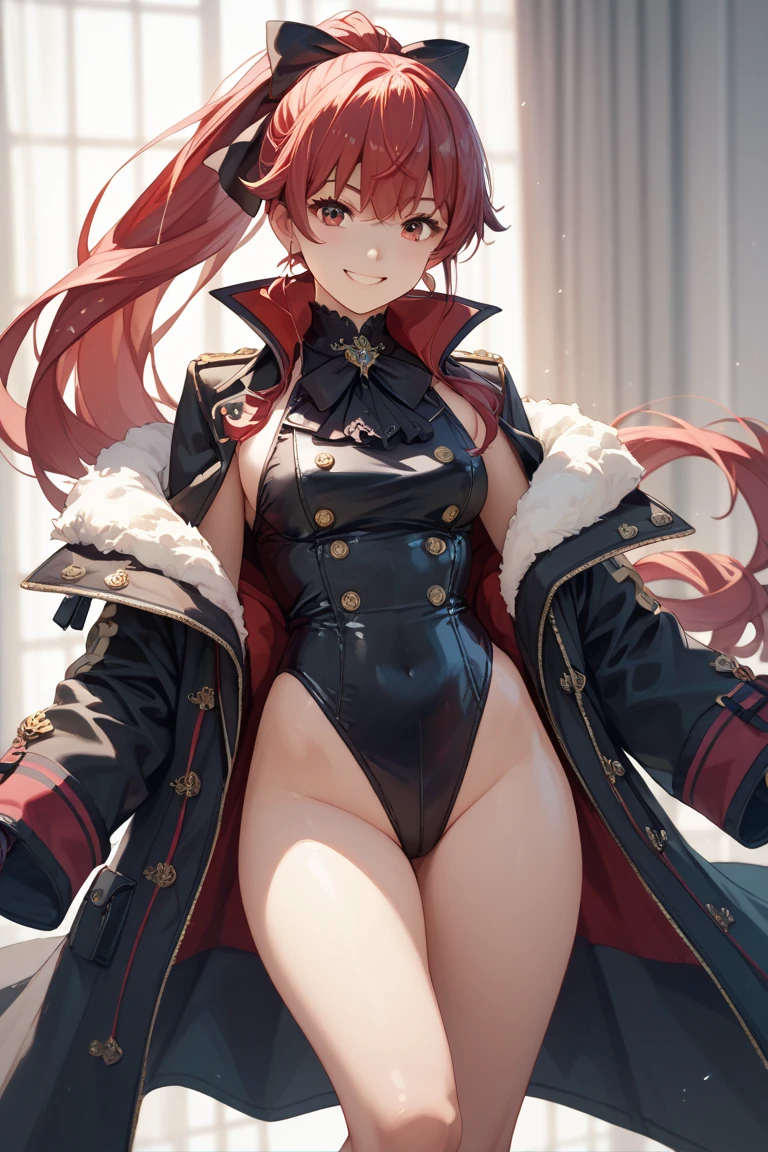 1 masterpiece, good resolution, 4k quality. medieval fantasy, rpg story. 1 girl, gyaru, [dark skined female], shiny skin, big eyes, light green eyes, full lips, huge breasts, collarbone, hipbones, long (brown), [hair, red hair] hair up, curly bangs, big earrings. (only white micro bikini only), (high waist skirt), yellow leather skirt, tight white micro panties, peek panties, excessive female pubic hair, (pubic hair peek), partialy visible vulba, (black tight high stockings), yelow skirt, yellow leather boots, platform boots, high heels, knee high boots, long white coat, open coat, sleeves_past_wrists, black sailor collar. (pink goggles on head). (standing), [figting stance], (full body focus), spread legs, fantasy anime style, simple background, white background, shadow,