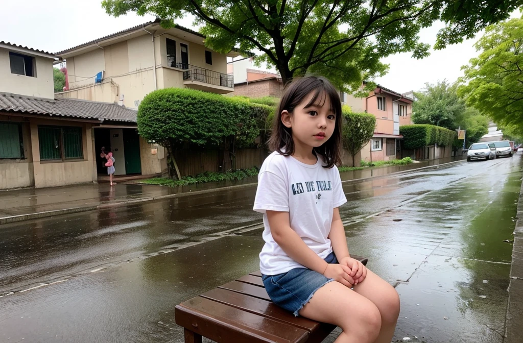 Brazilian girl, five years old, standing on the bank of a river, looking at the camera.