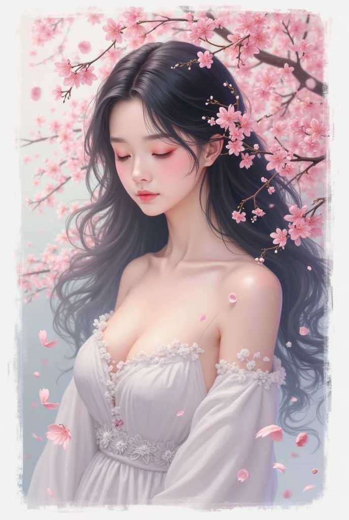 loose outfit、Show shoulders、How to wear a gown with a broken see-through halter neck、Decorated with intricate patterns and pastel colors、Transparent material that makes the skin shine、Artistic depiction of seductive woman in gown with wet thin cloth and transparent skin, Floral and fantastic pattern with flowing silky traditional see-through skin。Her dress draped elegantly around her curvaceous figure、Emphasizes her charming silhouette。She's a gentle fireworks night、Dynamic Posing、Sexy Posing、bathed in the soft glow of moonlight。The scene is、With a hint of mystery and sensuality、It exudes an ethereal dreamy atmosphere。The image style is、Incorporates a blend of watercolor and digital illustration techniques.、It makes you feel delicate beauty and charm。Soft moonlit lighting、Cast gentle highlights and shadows on her mesmerizing features。Dynamic Posing、Bold poses、The hand is somewhere、see -through、show through、A sexy、Wet hair、Wet、cherry trees、flower petals、cherryblossom、The cherry tree、Sakura blizzard、buried、Transparent skin、Wet clothes、Chest Pulling、Translucent clothes、Eau、nudde、