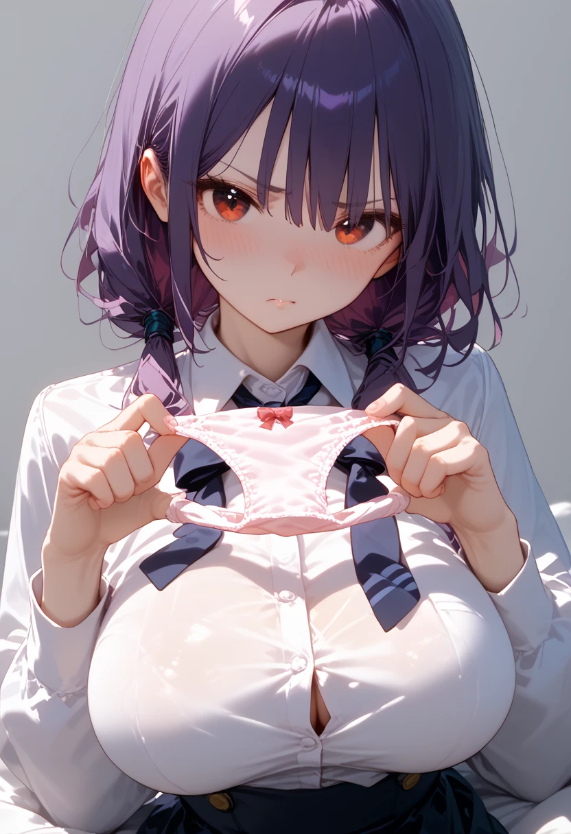 (best quality), (Super detailed), (Best Illustration), (masterpiece), score_9, score_8_up, score_7_up, 4k, (nsfw), high contrast, (woman), full body, look at viewer, {(white serafuku), (shirt, lift:1.2), (show off bra:1.3)}, (large breasts), {(detailed eyes), (heart-shaped pupils), blue eyes}, {brown hair, (sideburns), (bob cut:1.3), curly hair, hairs between eyes, colored inner hair}, blush, earring,