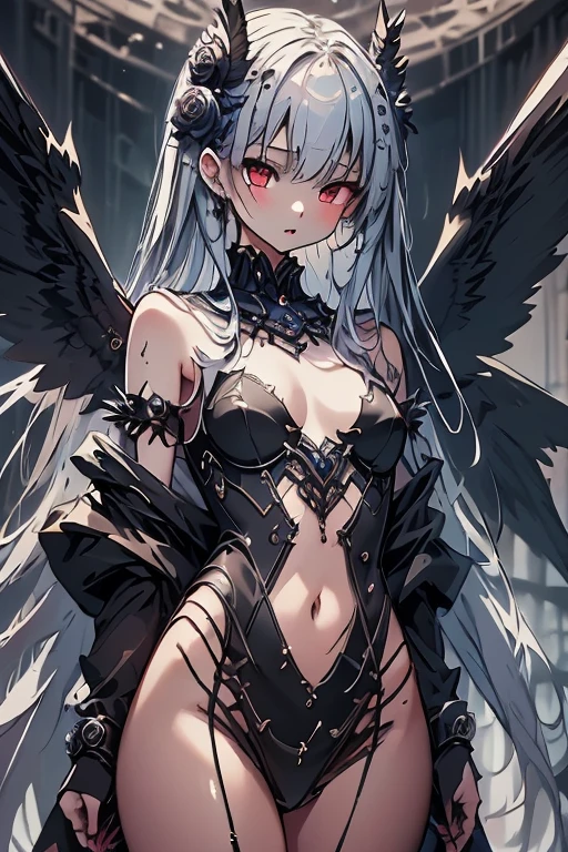 masterpiece, high quality, 4K, HDR,, Gothic warrior with spear, dissatisfied and troubled expression, halo of black angel wings above head, black horns on head, large black wings on back, intake hairstyle with blunt bangs, silver hair, slightly open mouth with sharp teeth, pointed ears, crimson eyes, pale skin, full body shot