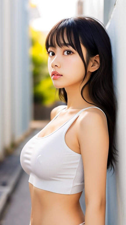 Best quality, masterpiece, super high resolution, (fidelity: 1.4), original photo, 1girl, goose egg face, big eyes, huge breasts, transparent shirt, long eyelashes, painted light makeup, off-the-shoulders, shirt, movie lighting, summer evening, heat, sweat
