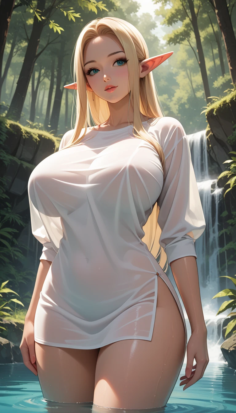 best quality,highly detailed,masterpiece,ultra-detailed,illustration, sexy women, blonde hair ,long hair, stand, big breast, white t-shirt, mini skirt, wet, glasses, tattoo, sexy pose, water, river background,