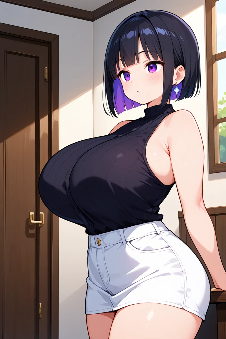 pale woman, short pixie purple hair, some hair on the back of her head, big earring, half lidded eyes, dark black eyeshadow, very massive and huge breasts, hyper breasts, very busty, small waist, wearing a very skin-tight white t-shirt that covers her waist and stomach completely, short sleeve, wide hips, thick thighs, thick legs, wearing black lacy panties, the panty straps lie right about her hips, barefoot, tiny feet, nail polish, standing, (entire body shown including legs and feet)