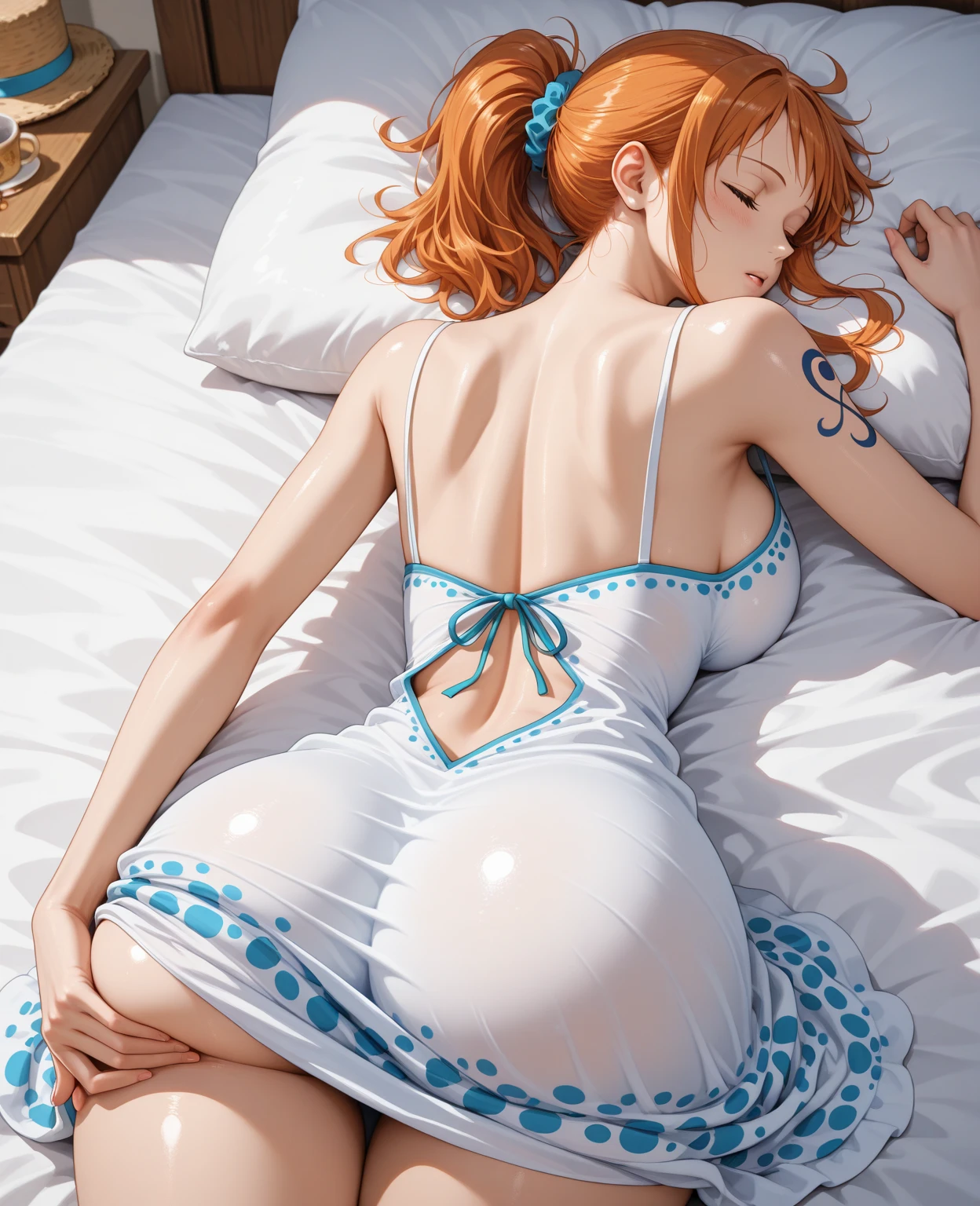 ((Photorealistic:1.6, UHD, masterpiece, high resolution, backlit, sunlight, interesting background with a window and high detail, )), (correct and good human anatomy:1.1)), ((solo)) nami \(one piece\), bright orange hair, perfect face, (heavy sweat), ((white mesh loose-fitting nightgown)), full body:1.4, ((on top of the bed, on your stomach:1, shocked, disgusted)), watching from behind