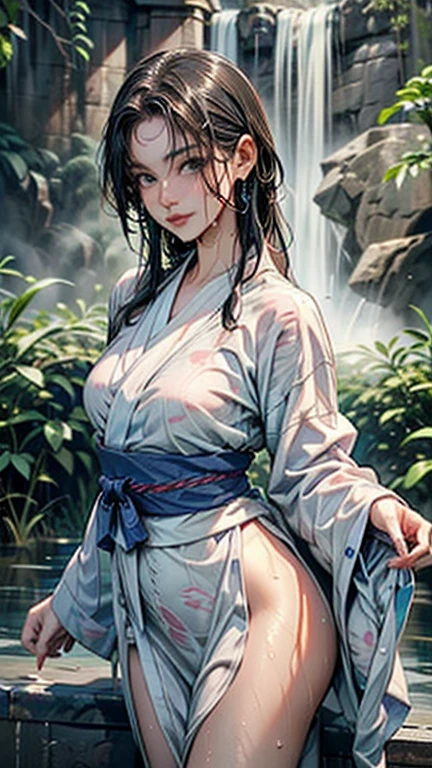 最high quality、high quality、Best image quality、8K、最High resolution、High resolution、最high quality、masterpiece、RAW Photos、whole body写真、Detailed and realistic human body、Detailed and realistic skin、Realistic face in every detail、Realistic reproduction of every detail、Detailed and realistic lips、Detailed and realistic teeth、Detailed and realistic ears、Detailed and realistic hair、Detailed and realistic weapons、Realistic reproduction of every detail、Realistic fingers in every detail、(Beautiful Hands、thumb１reference４)、Realistic feet down to the last detail、Realistic feet down to the last detail、Realistic breasts down to the last detail、((Beautiful Japanese Girl))、(Japanese Model), (Japanese women)、((18 year old beautiful girl))、(Black Hair)、(Straight hair)、(ponytail)、((whole body))、((Beautiful upturned breasts))、(Stylish slim style)、(whole body光沢肌、Fair skin)、Detailed and realistic human body、Detailed and realistic skin、Realistic face in every detail、Detailed and realistic weapons、Realistic fingers in every detail、Detailed realistic feet、Realistic breasts down to the last detail、Soft natural light、Jungle with waterfall、Waterfalls of different heights、Big waterfall、A powerful waterfall、((Sit on a rock in front of the waterfall(バックにBig waterfallが見える))、((Wet and see-through(Colorful Dresses))、((Bathing in the waterfall(Soaked skin from head to toe))、((Water dripping from the skin))、((Colorful Dressesが濡れて肌に張り付く))、((Colorful Dressesの上からでも体のラインがはっきりわかります))、((Colorful Dressesから滴る水))、Angle from below