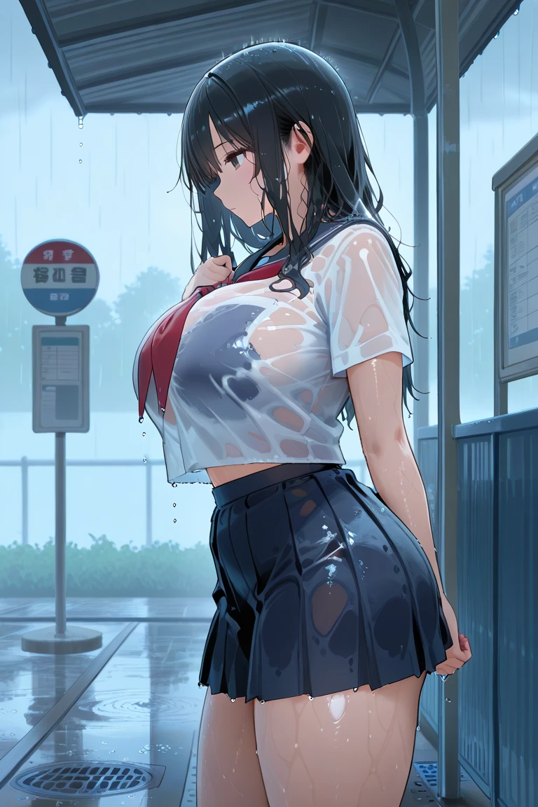 Realistic, outdoor, park, wide angle, raining, soaking wet, 1girl, POV, from above, standing, casual clothes, twintails, t-shirt, skirt, (shirt skirt), exposing breast, nipple, sexy, erotic, lewd, horny
