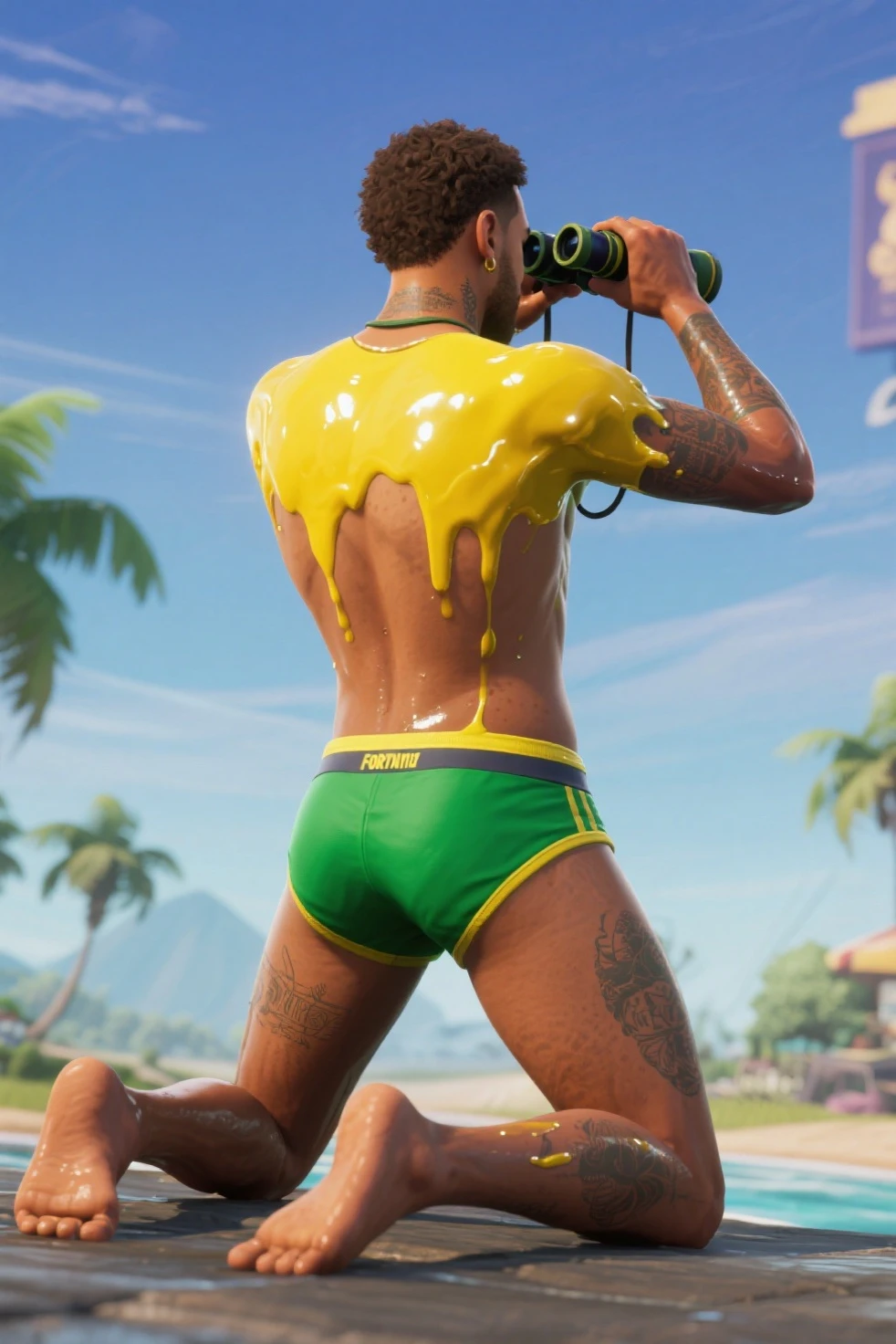 Best quality, 24 anos, cabelo curto branco, ambiente piscina, sunga de piscina, asa dourada, goggles on forehead, tatto, gold watch, barba, olhos azuis, piscina, sosinho