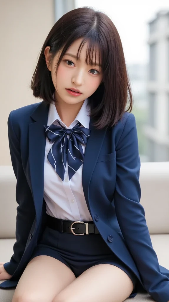 ((8k, RAW photos, top quality, masterpieces), high-definition RAW color photos professional close-up photos, (realistic, photorealism: 1.37), (highest quality), (best shadows), (best illustrations), collarbones ((big)), ((erotic, sexy, ultra high resolution, high-definition CG unified 8K wallpapers, physically based rendering, movie lighting), (aegyo sal:1), 18 year old girl, (grey blazer, ribbon, socks, high school uniform: 1.2), high school classroom, beautiful detail eyes, light on the face, ((full body shot: 1.2)), especially strong light, (upper eyes, grinning smile:1.2),shiny skin, (((black hair, bob hair:1.2))), ( thick thighs), ulzzang-6500-v1.1:0.2, shy, (flash:1.2), NSFW , (puffy), ((seductive posture: 1.2, attractive: 1.2)), (idle), (sitting at a desk in classroom: 1.2)), ((good anatomy: 1.2)), ((bright and refreshing classroom, background blurred: 1.2)), perfect face, cute face, (high angle shot:1.2)