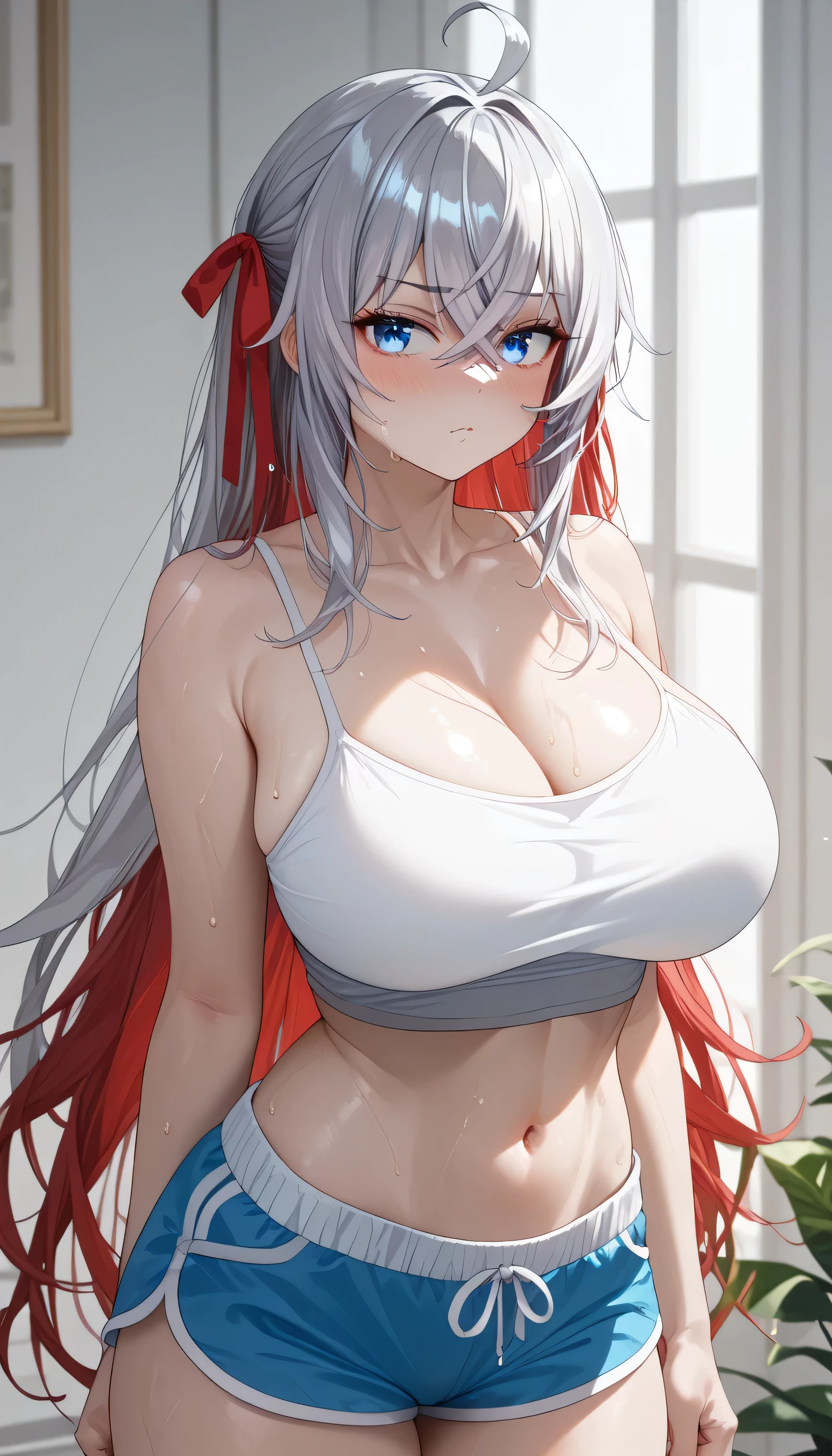 (best quality,4k,highres), mature women with white hair,red eye, hair covering one eye, bandaged Breasts , red moon background, Tattoo on shoulder ,mature, cool expression ,ultra-detailed,sharp focus,vivid colors,portraits, Night , Hakama Pant , from below view, large breast, Navel , Ahoge hair, Long wavy hair, Tattoo on arm, smile