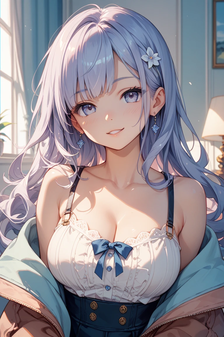 ((8k, Highest quality, masterpiece: 1.3)),Ultra-high resolution,(1 girl, alone), (Color changing eyes, Ultra-detailed, Expressive brilliance, Glitter, Glowing Eyes), Highly detailed eyes, Highly detailed face, Random Hair, ((pastel colour))A playful young woman with pastel lavender hair styled into a sleek ponytail, sitting on the floor near her bed during a bright morning. She is wearing a black bikini with a scoop neckline that highlights her cleavage. The camera captures her from a low angle as she leans back on her hands, her chest pushed forward, and a teasing smile on her face. The room is filled with morning sunlight, with minimalistic and modern decor that emphasizes her bold and playful vibe.
