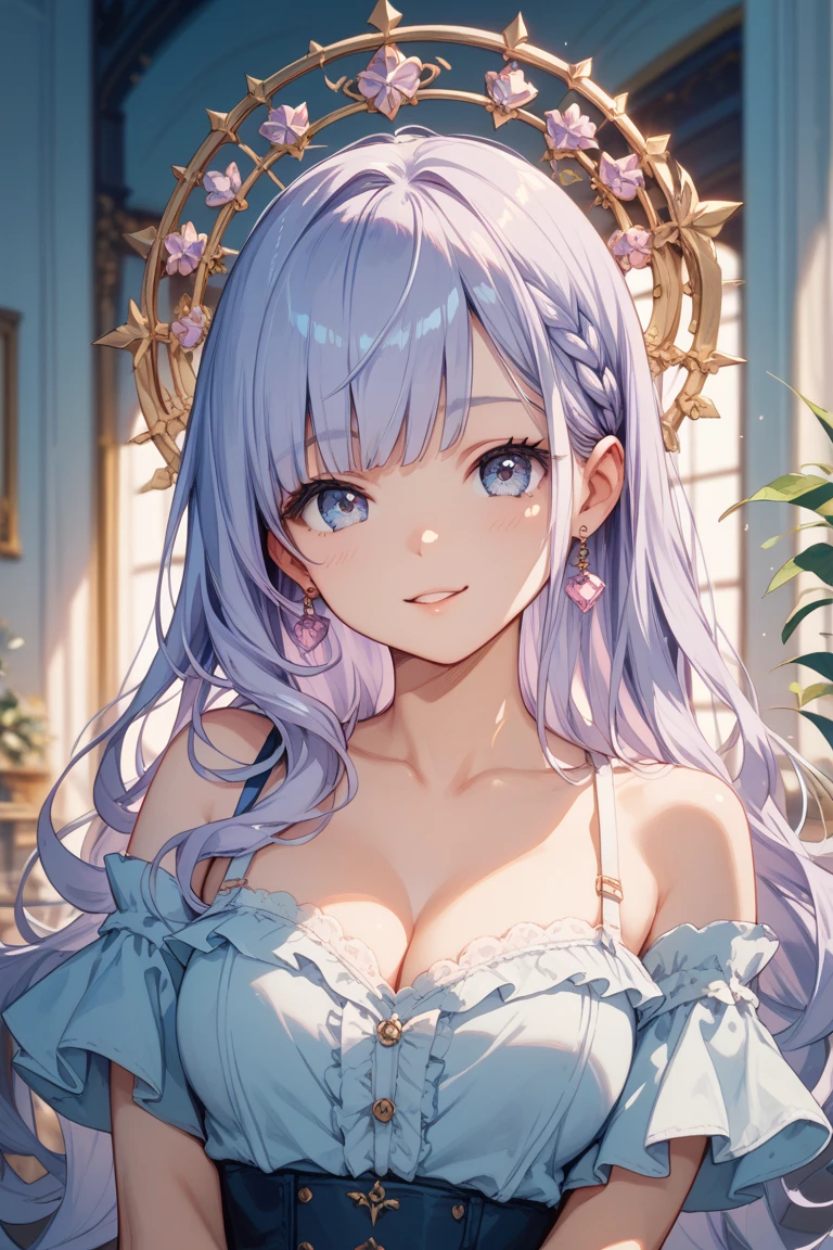 Silver hair, pink eyes, older woman, teal pink and gold clothes, hair ornament, cat ears, necklace, long hair, smiling face, upper body