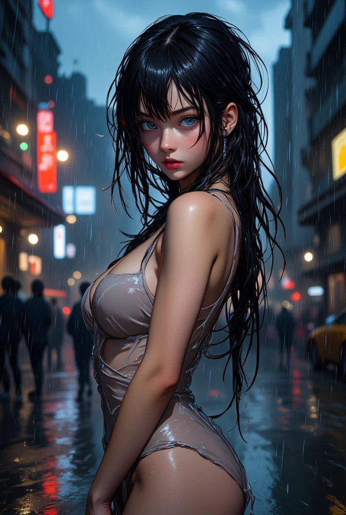 (RAW photos, best quality), (realistic, photorealistic: 1.2), (round face: 1), 1 girl, selfie outdoor, (high detail skin: 1.2), (puffy eyes), (lying silkworm), smile, collarbone, air bang, straight brown black hair, pure black pleated skirt, soft lighting, high quality, cityscape, skyline, night, rain, wet, professional lighting, Photon mapping, radiosity, physically based rendering,