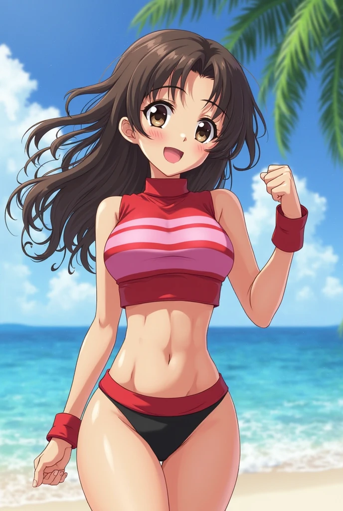 attractive korean woman, ripped muscle, muscular body, small breast, pale skin, smile(blush), bikini, cross pendant, sixpack abs, [ultra detailed skin:1.2], brown hair, long hair, 8k uhd, full body, crowd, public, poolside, standing, sweat,