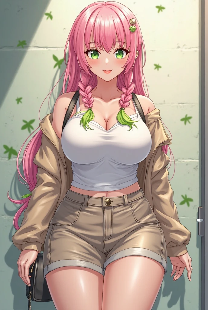 masterpiece, best quality, very aesthetic, absurdres,1girl,areola_slip, ,c.c(code_geass), 1girl, crossed_bangs, eyes_visible_through_hair, green_hair, medium_breasts, straight_hair, very_long_hair, yellow_eyes,,pink sleeveless tank top,pink trousers,puckered lips,in recreational machine hall,from below,blur background,background defocus