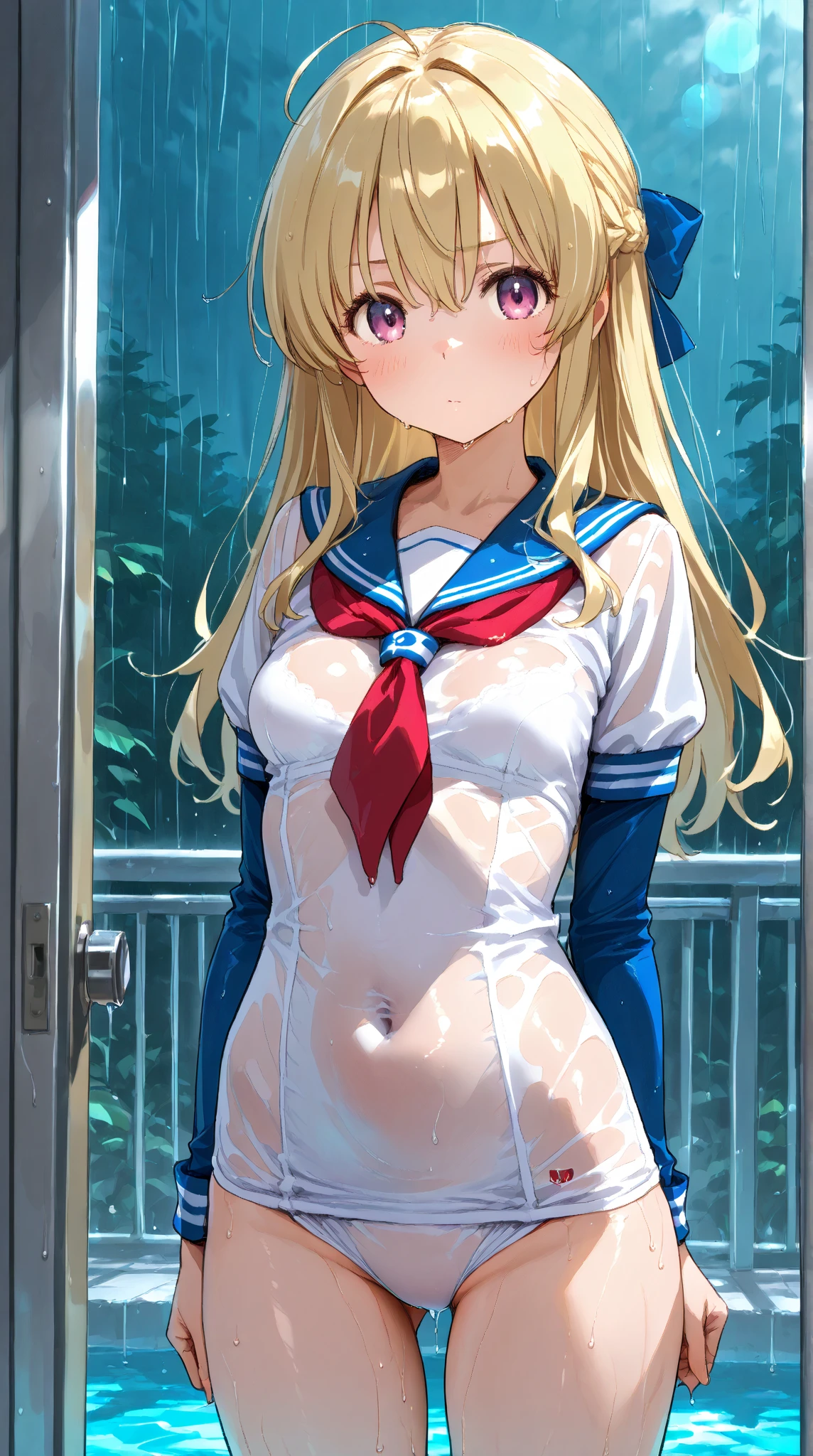 Blonde hair, blue eyes, Sexy, large breasts, angel wings, american flag bikini nipples, shower room, shower, smile