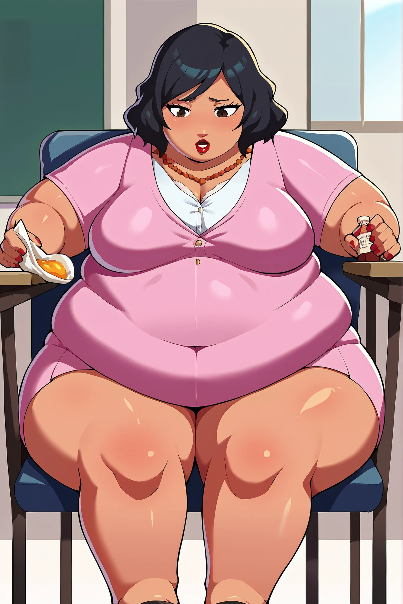 score_9, score_8_superior, score_7_superior, score_6_superior, sauce_anime, Break 1 Girl, woman, Solo p5 principal, Fat, chubby, obesity, score_9, score_8_up, score_7_up, source_anime BREAK 1girl, solo, chounop5, black hair, medium hair, brown eyes, pink dress, necklace, dark skin, lipstick, woman化, big breasts, sitting on chair, school office