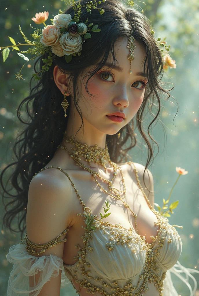 (masterpiece), best quality, expressive eyes, perfect face, 1 sexy girl in forest dress, flowers, leaves, Mandala, fractal, Sleeping Beauty, full body Bella🦋, beautiful sleeping girl, room with mirror, girl sleeping in the bed and sheets, old clock and lamp on the table, full body, black hair, transparent clothes, sexy legs, view of pubic hair, 1 sexy girl in transparent forest clothes, exposed breasts, open transparent t-shirt, tattoos of mandalas and flowers , best quality, masterpiece, illustration, very delicate and beautiful, very detailed, CG, unity, 8k wallpaper, ridiculous, huge file size, very wide lens, soft light, slight smile, view of the man's exposed breasts pubic hair, mandala and flower tattoos, Best quality, Full body, Nude summer, Full tattoo, (Masterpiece, Top quality, Best quality, Official art, Beautiful and aesthetic: 1.2), (1 flower), Full body, Extremely detailed, (Fractal art: 1.3), colored, more detailed, "Best quality", "Masterpiece, Sakimichan style art, black hair fused with platinum and gold, naked girl, beautiful visible pubic area, pink breasts, small breasts at the view, water pond in the garden, old floating clock, lamp, lantern, skin wet with water, floating bed in the pond, beautiful girl lying on the bed, fantasy, view from above, floating bed in the pond, temple interior flooded, night light, full moon, deep fantasy dream, clothes melted in pond water, black hair with gold and platinum reflections, pink weights, toes submerged in water,