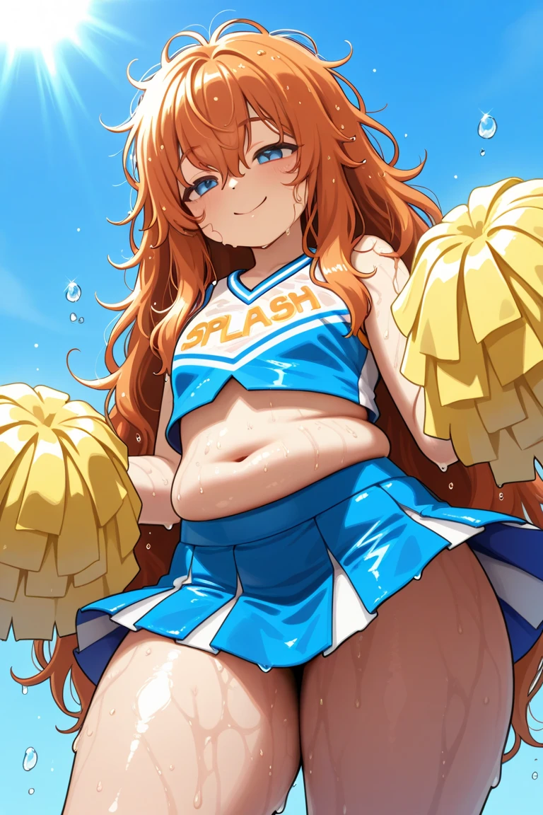 score_9, score_8_up, score_7_up, 1girl, looking at viewer, cheerleader, ponytail, ikuchan, outdoors, , small , huge thighs, nipple pasties, fishnet bra, lingerie, cheerleader skirt, ginger hair, smug, smug grin, rating:safe, sfw
